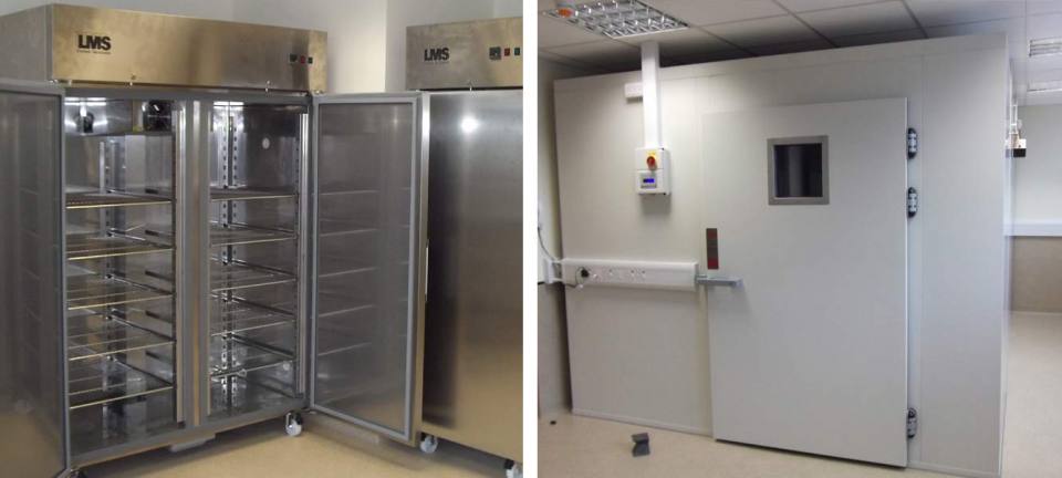 Cooled incubators and walk-in freezer room