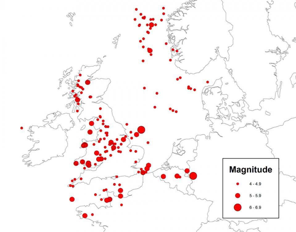 Historical seismicity in the UK and surrounding area dating back to 1358.