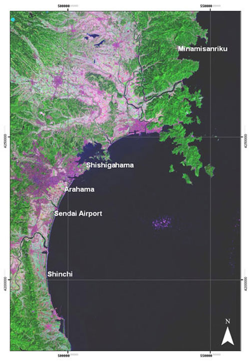 Map 1: Location of survey area on northern Honshu. Landsat false colour satellite image processed by BGS © BGS/NERC