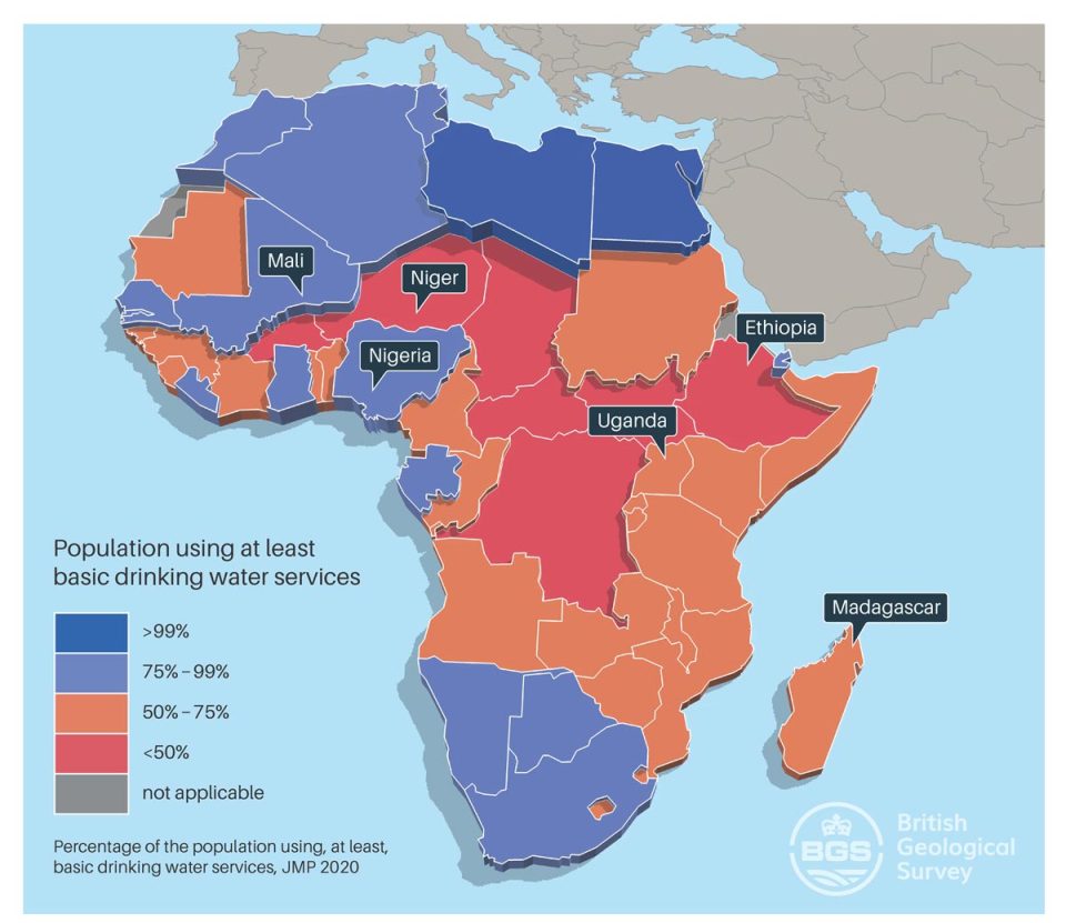 Map of Africa showing percentage of the population using basic drinking water services