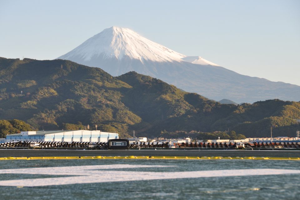 A snow-capped volcano in the background and the oceanside in the foreground