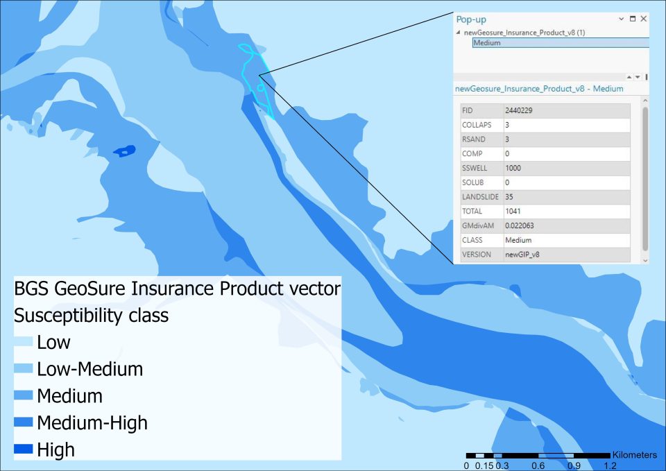 A map in varying shades of blue illustrating the BGS GeoSure Insurance Product shrink-swell susceptibility