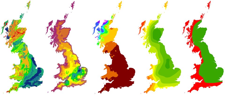 Biosphere Isotope Domains GB (Version 2) showing (from left to right) strontium, sulphur, lead, oxygen (drinking water) and oxygen (human tooth enamel) domains. BGS © UKRI – Contains OS data © Crown copyright 2023.