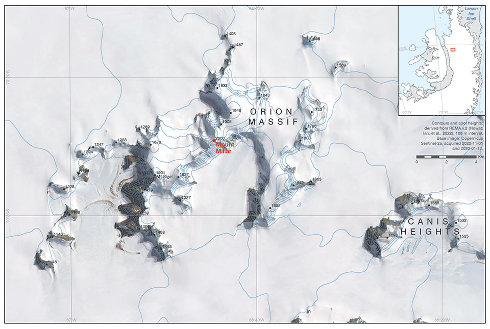 Mount Millar on the map. © UK Antarctic Place-names Committee and British Antarctic Survey.