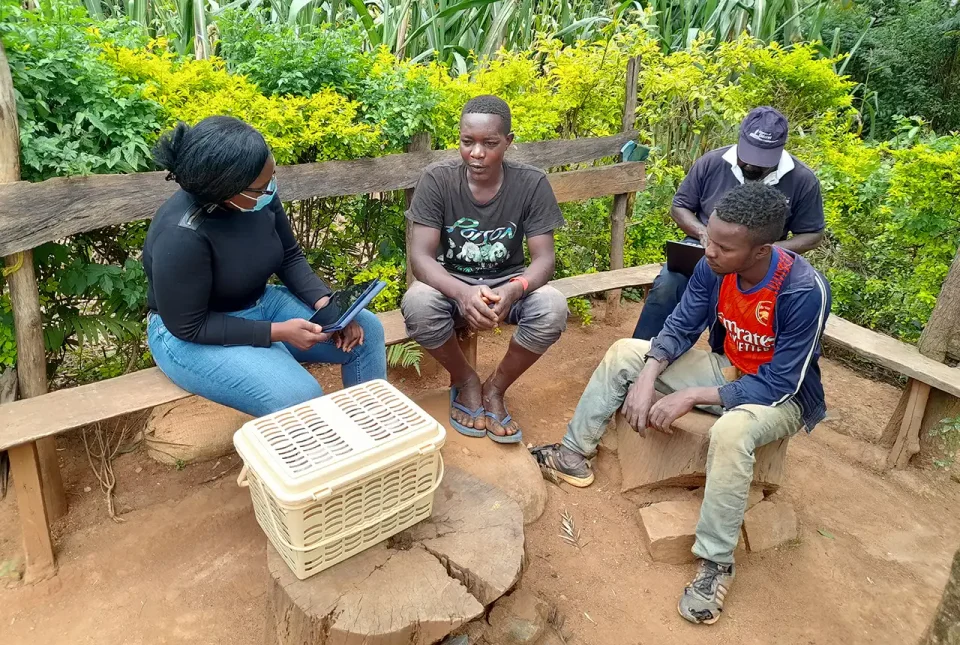 Maureene Auma Ondayo and Prof Odipo Osano interviewing two miners before collecting samples at an ASGM site in Vihiga County.  © Maureene Auma Ondayo.