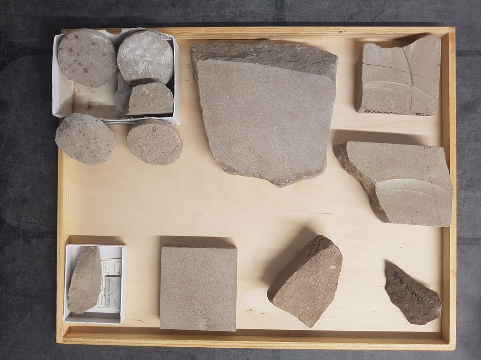 Image of some of our historical samples of sandstone from Binny Quarry in our BGS Collection of Building Stones of Scotland. Source: BGS © UKRI