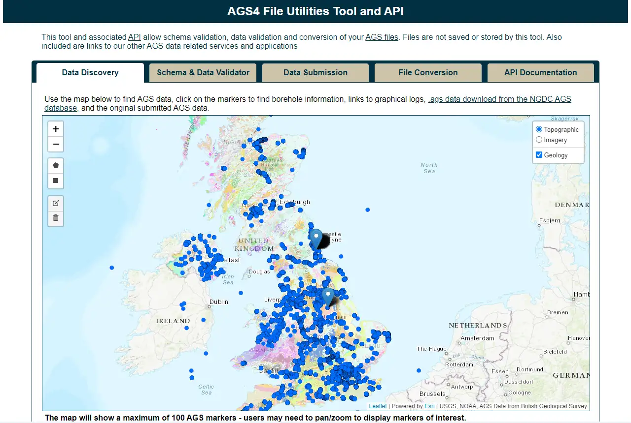 Screenshot of the AGS4 file utilities tool and API with map markers over the UK.