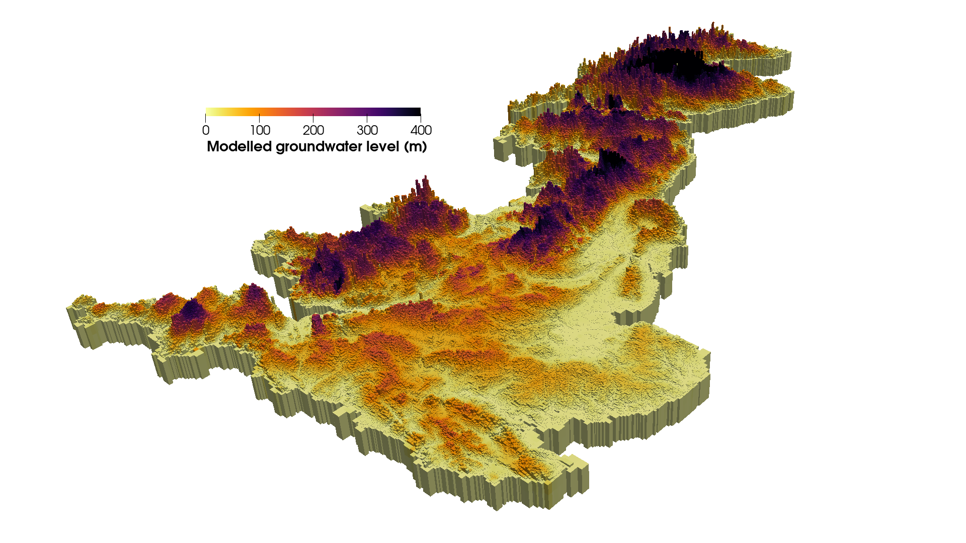3D model of Great Britain showing modelled steady-state groundwater levels.