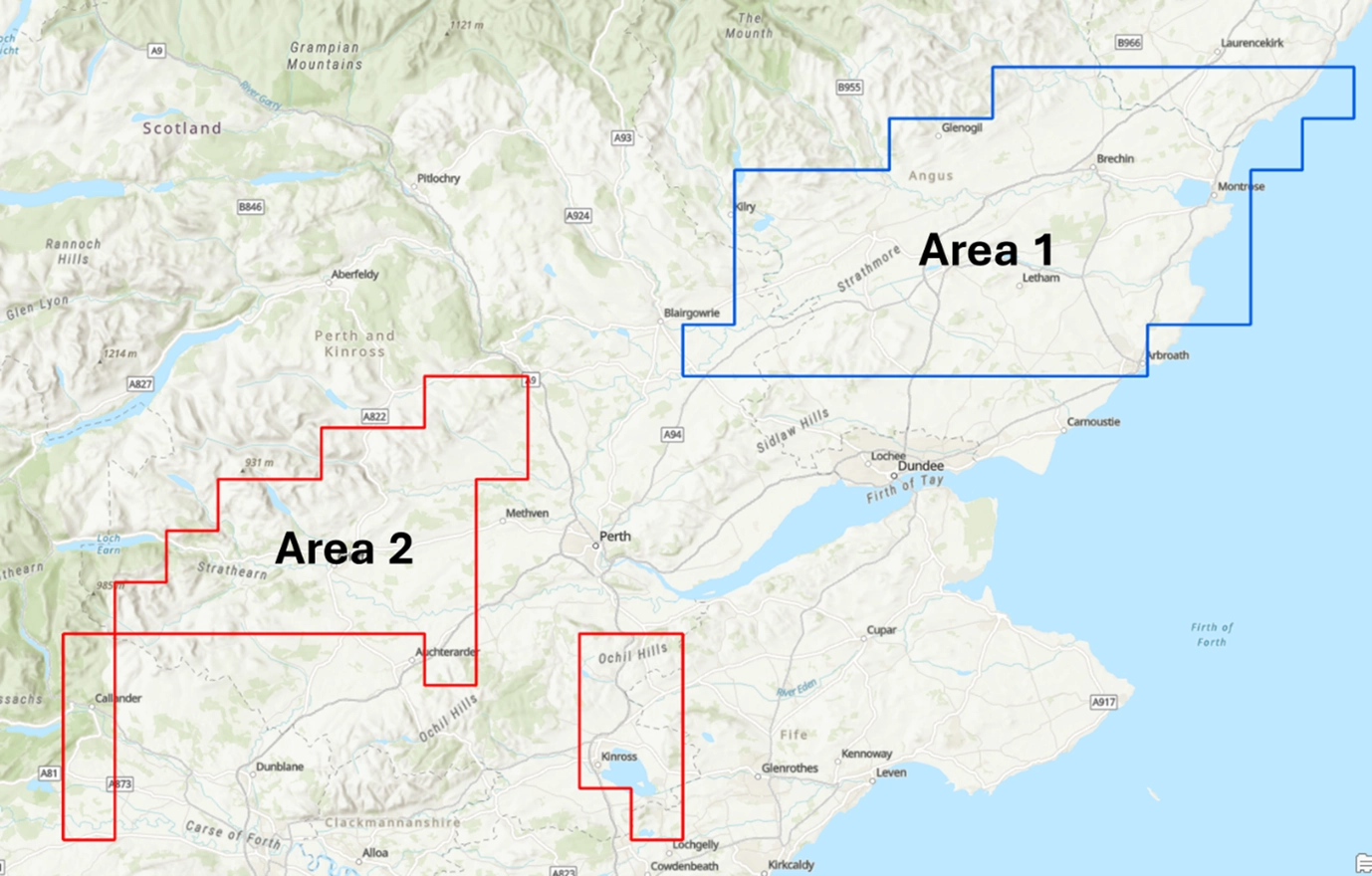 Area one, Montrose to Alyth, will be surveyed from May to June 2024 and in September 2024 and spring 2025. Area two, Crieff, will also be surveyed in spring 2025. Contains OS data © Crown copyright and database rights