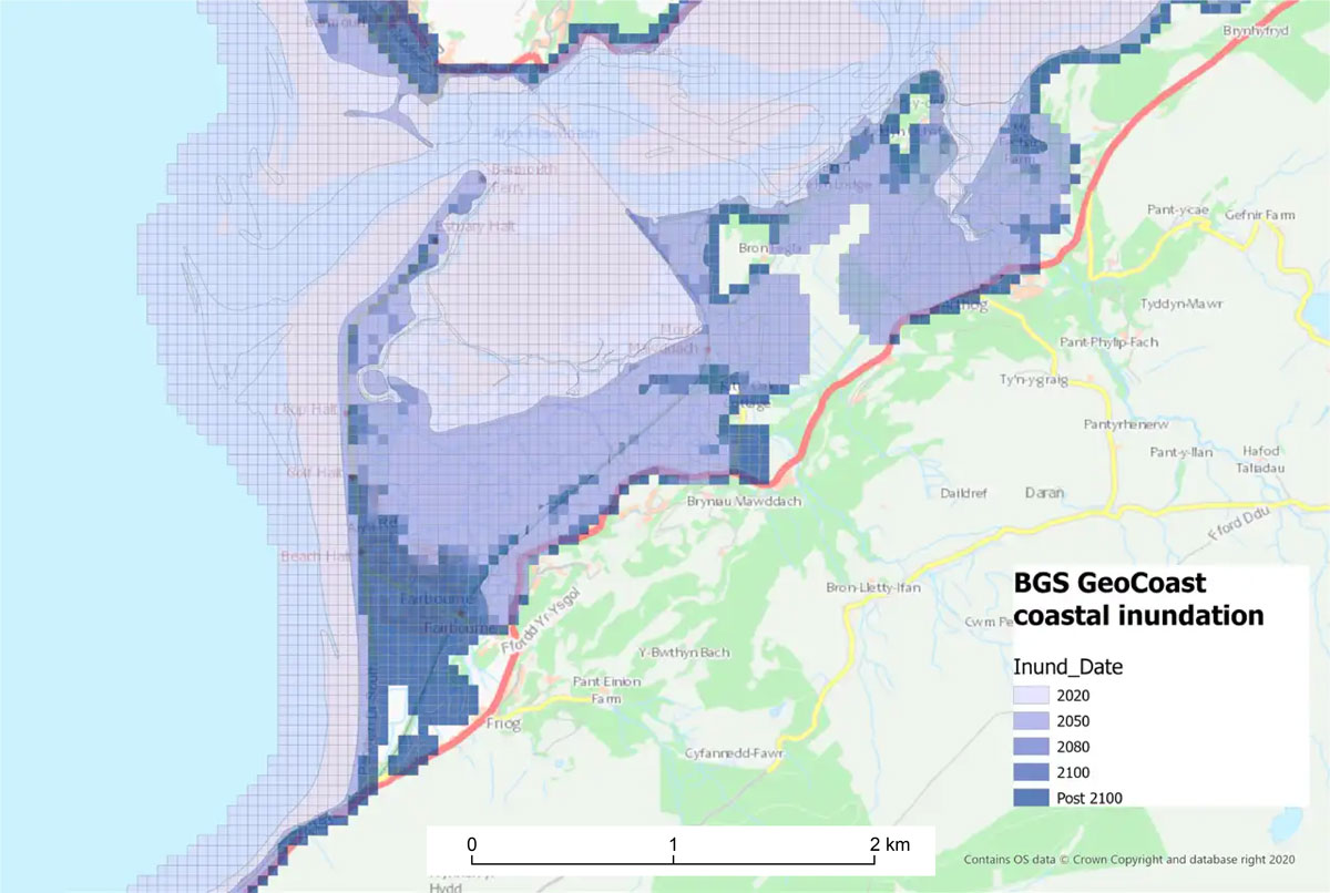 BGS GeoCoast Coastal Properties Grid coastal inundation susceptibility at Fairbourne. BGS © UKRI — contains OS data © Crown Copyright 2024