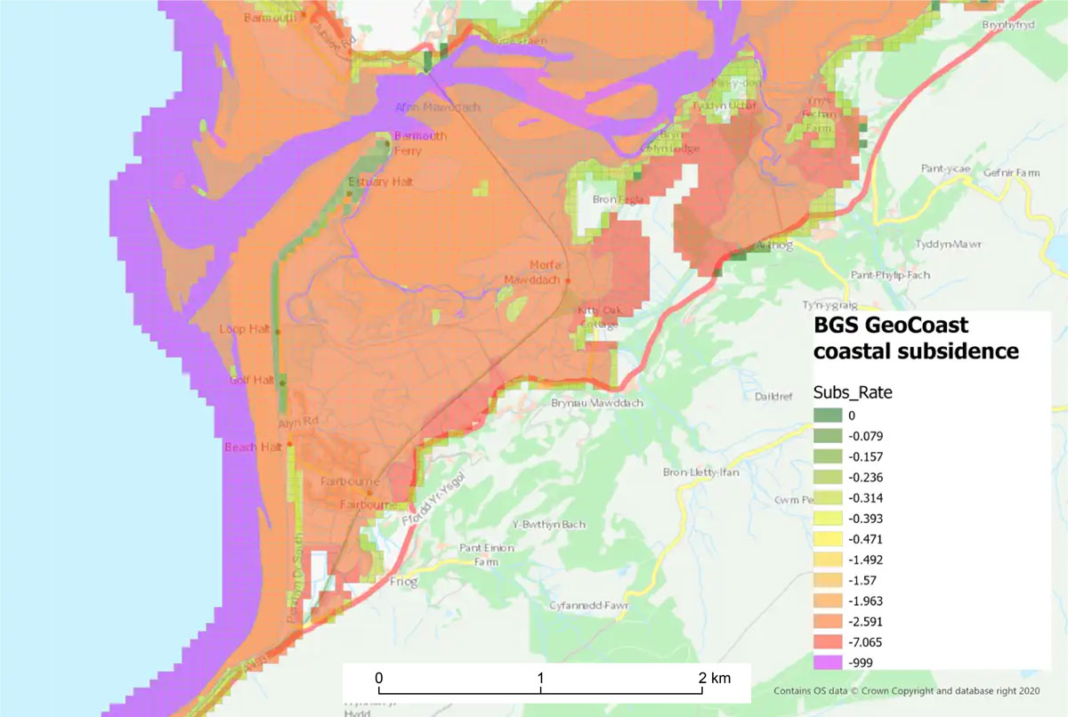 BGS GeoCoast Coastal Properties Grid coastal subsidence susceptibility at Fairbourne. © Crown copyright. BGS © UKRI — contains OS data © Crown Copyright 2024
