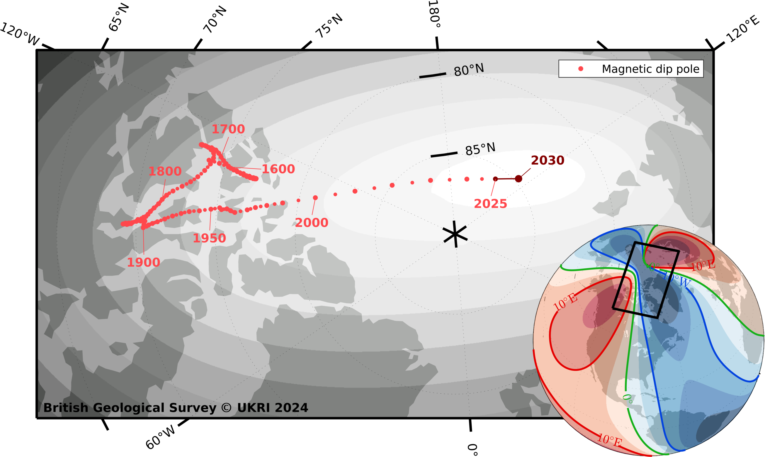 Magnetic north pole locations from 1590 to 2030. BGS © UKRI and © Wessel, P., and W. H. F. Smith (1996), A global, self-consistent, hierarchical, high-resolution shoreline database, J. Geophys. Res., 101(B4), 8741–8743, doi:10.1029/96JB00104. (v2.3.6).